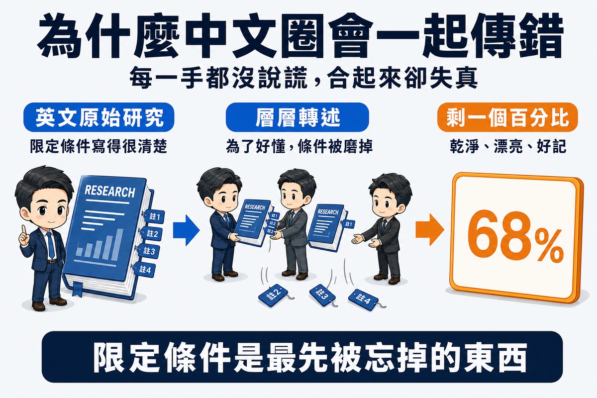 三階段流程,第一段是掛著多個註腳標籤的完整研究報告,中段是報告經過多人轉手、註腳標籤一個一個掉落地上,最後只剩一張沒有任何註腳的乾淨百分比卡片