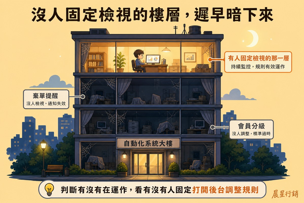 淡杏色背景，夜晚的大樓剖面圖，多數樓層漆黑布滿蜘蛛網無人使用，標示棄單提醒與會員分級的樓層都是暗的，只有頂端一層燈火通明，一個小人物坐在桌前看著螢幕，標示為有人固定檢視的那一層，大樓入口寫著自動化系統大樓