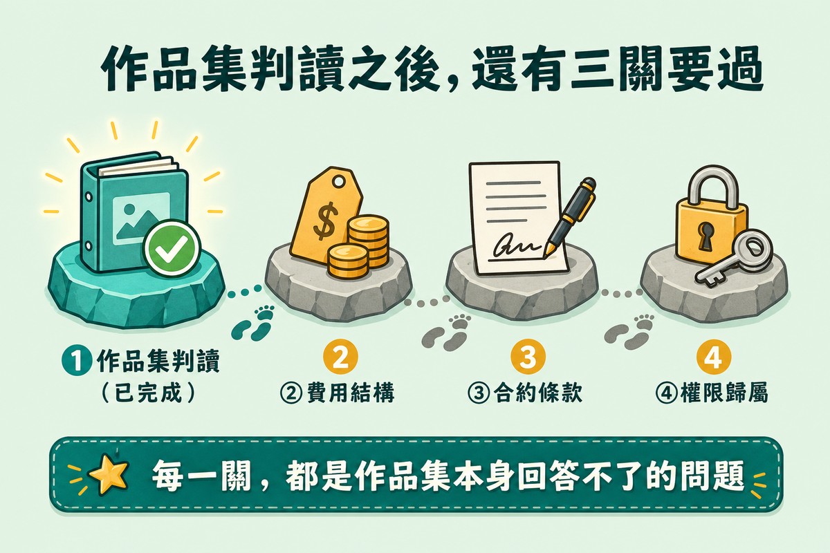 四顆石頭墊腳石排成一列，第一顆發光並蓋著綠色勾選代表作品集判讀已完成，第二顆放著錢幣與價格標籤代表費用結構，第三顆放著簽名文件代表合約條款，第四顆放著鑰匙與鎖頭代表權限歸屬
