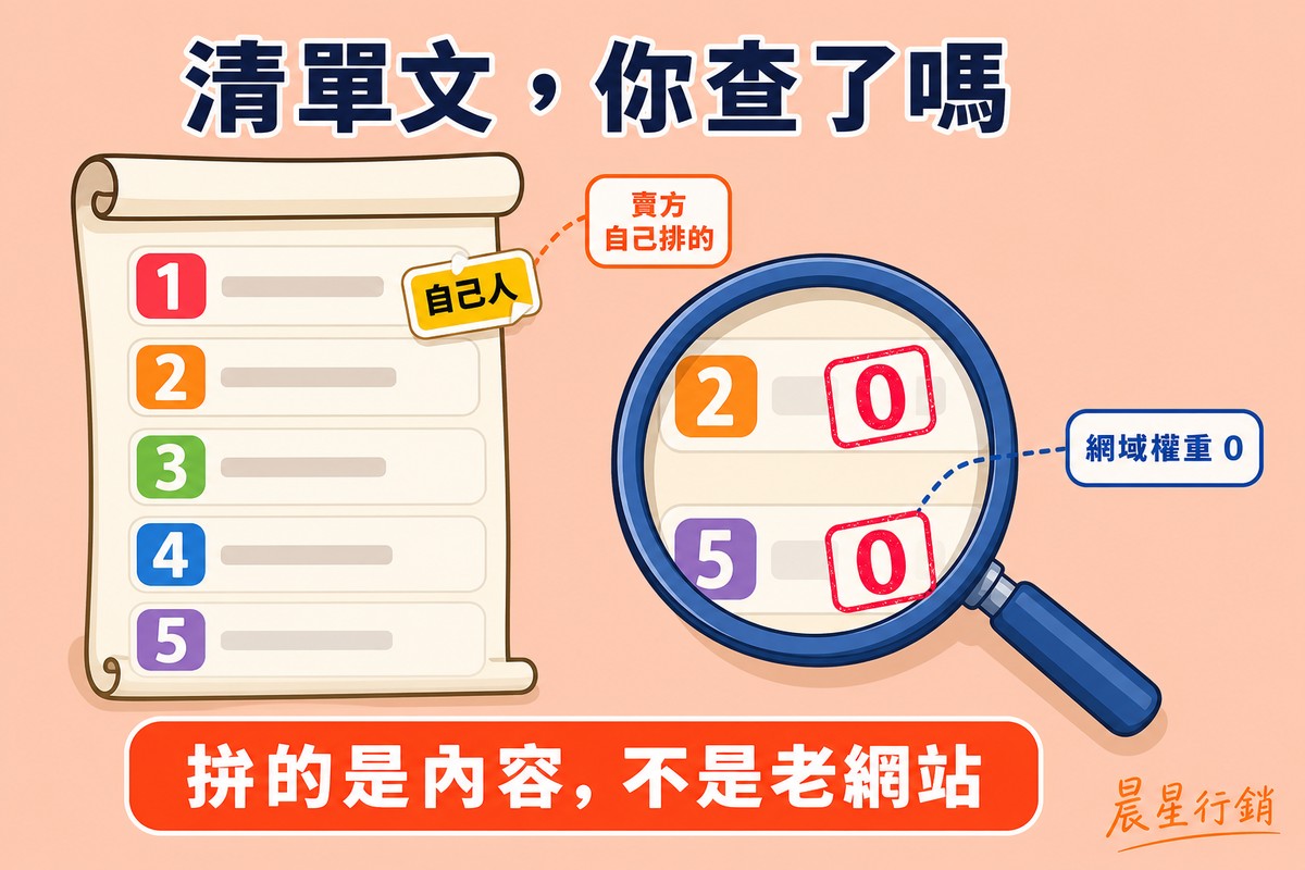 左側一份排行榜卷軸,其中一個名次貼著賣方自己排的標籤,右側一個放大鏡照向另外兩個名次並顯示網域權重零的印章。