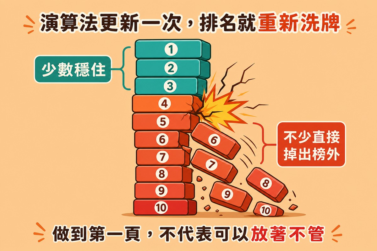 十塊由上到下編號1到10的積木疊成一座塔，側邊受到衝擊震動，前三塊穩住不動，第四塊以下的積木紛紛崩落飛出塔外。