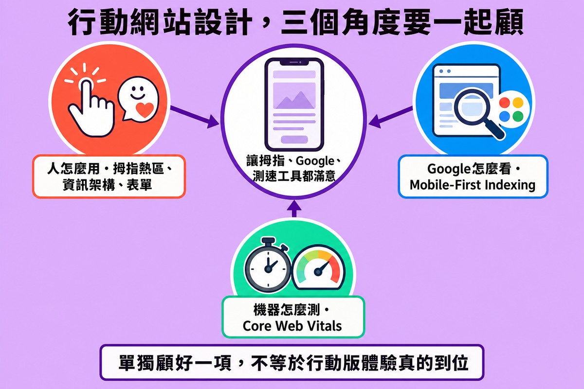 中央一支手機向外連到三個節點,左上是拇指點擊代表人怎麼用,右上是放大鏡與Google圖示代表Google怎麼看,下方是碼表儀表代表機器怎麼測