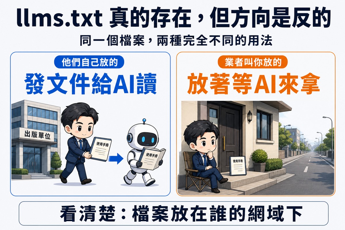 左側出版商把說明書往外遞給正在閱讀的機器人,箭頭由建築物指向機器人,右側業主把檔案放在門口等待,箭頭指向門口但路上空無一人