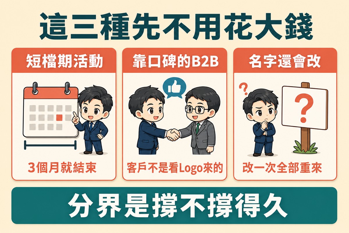 三張並排卡片各配一個圖示,依序是日曆加短括號配短檔期活動與3個月就結束、兩人握手配靠口碑的B2B與客戶不是看Logo來的、帶問號的招牌配名字還會改與改一次全部重來。