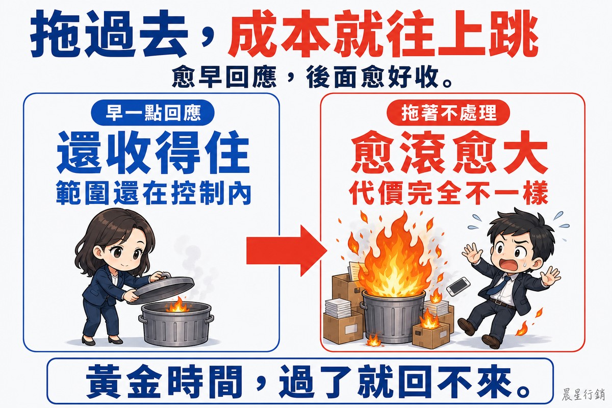 左右因果圖,中間一支粗紅箭頭由左指向右。左欄藍色「早一點回應」,大字「還收得住」,說明「範圍還在控制內」,插圖是一位神情鎮定的女性把蓋子蓋上冒著小火的鐵桶。右欄紅色「拖著不處理」,大字「愈滾愈大」,說明「代價完全不一樣」,插圖是同一個鐵桶已經燒成大火、火星延燒到旁邊紙箱,一位年輕男性小編舉手後退、手機掉落。底部寫「黃金時間,過了就回不來」。