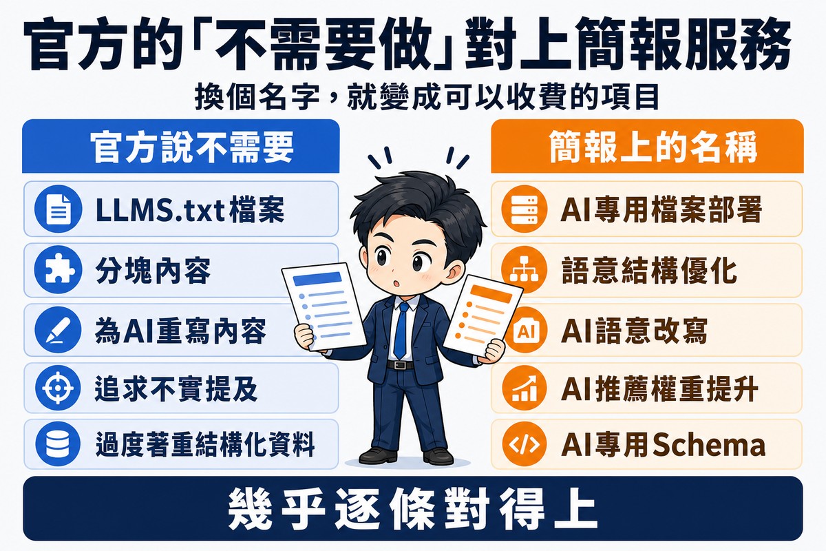 五列兩欄對照表,左欄藍色是官方列出不需要做的項目,右欄橘色是簡報上的服務名稱,顧問並排比對兩張清單