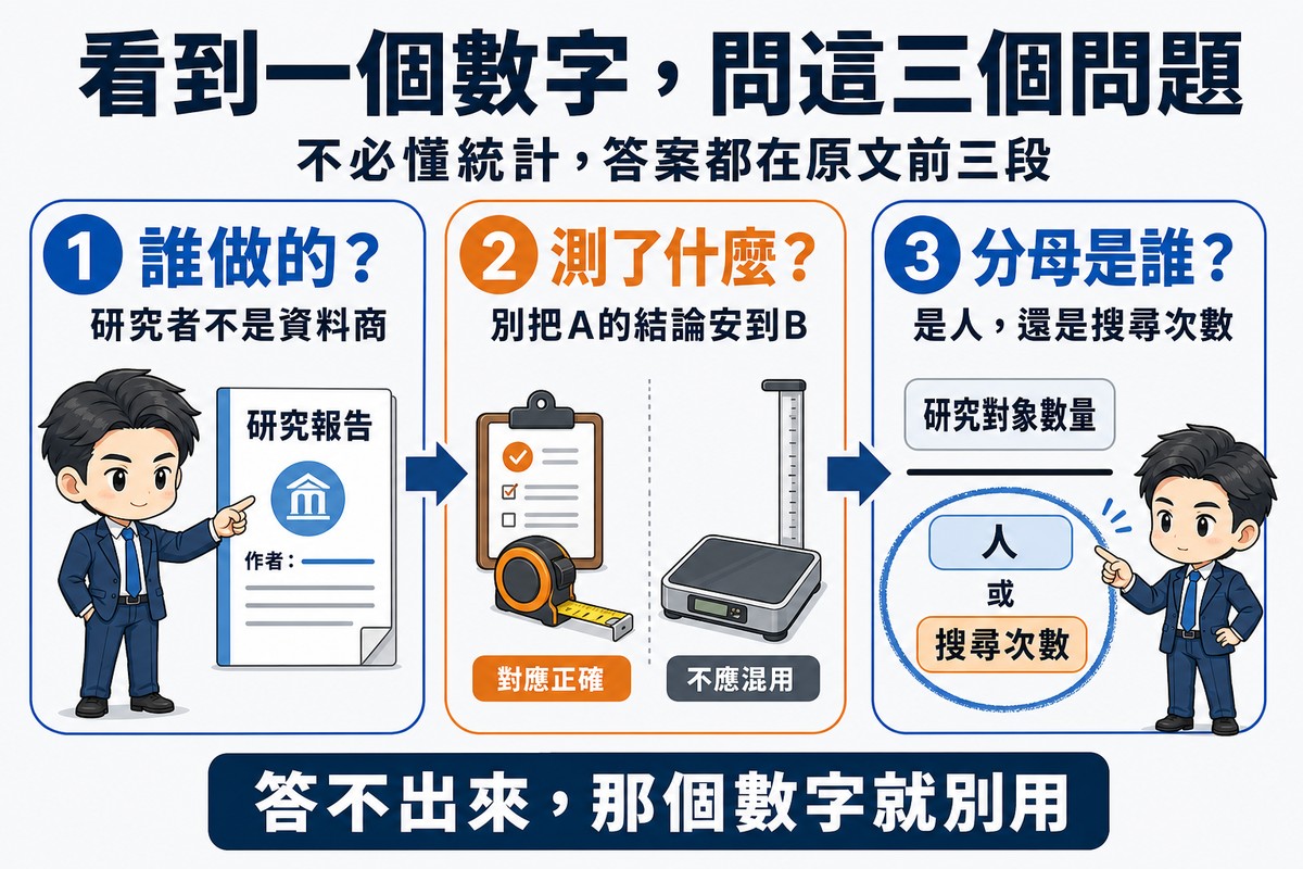 三個編號階段,一是誰做的、指向報告封面的作者欄,二是測了什麼、兩種不同量測工具與各自對應的問題,三是分母是誰、以文字寫成的分數把分母圈起來標示