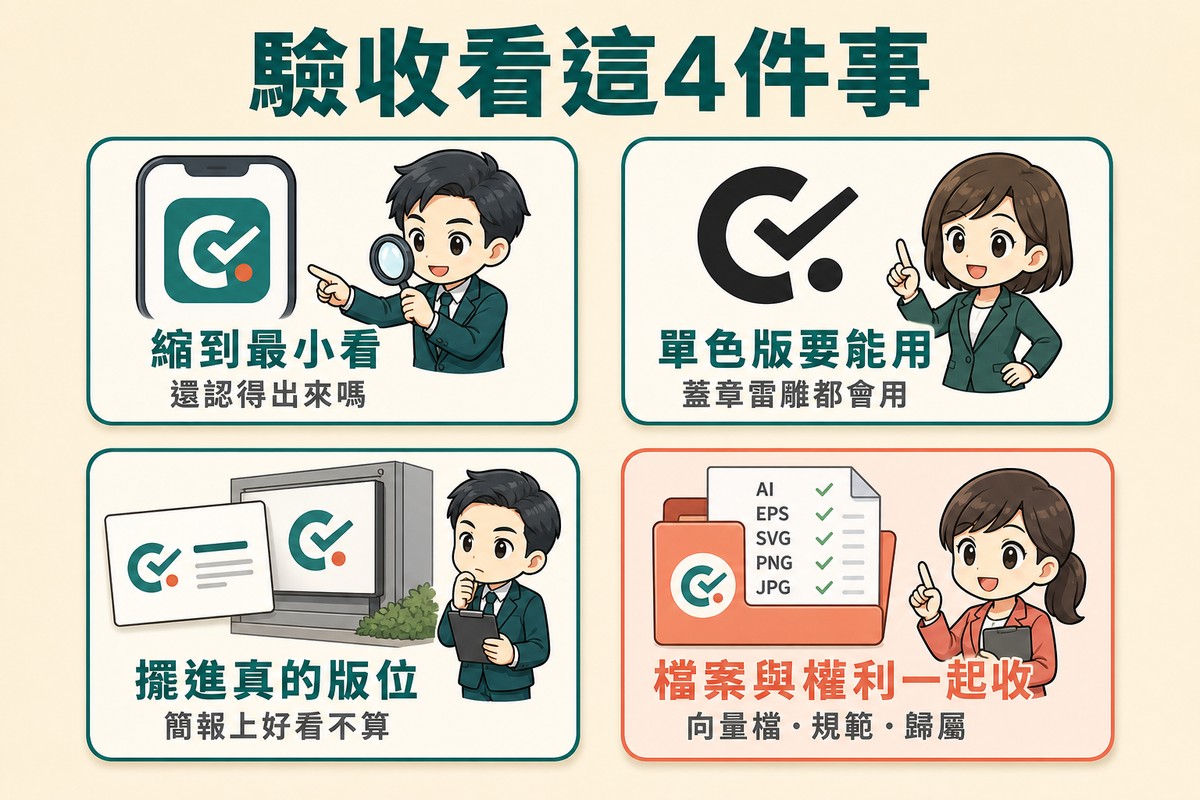 四個圓角方框排成兩排兩列,依序是Logo縮進手機圖示框配縮到最小看與還認得出來嗎、同一個Logo的純黑版配單色版要能用與蓋章雷雕都會用、Logo放進名片與招牌模擬圖配擺進真的版位與簡報上好看不算、資料夾加文件配檔案與權利一起收與向量檔規範歸屬。