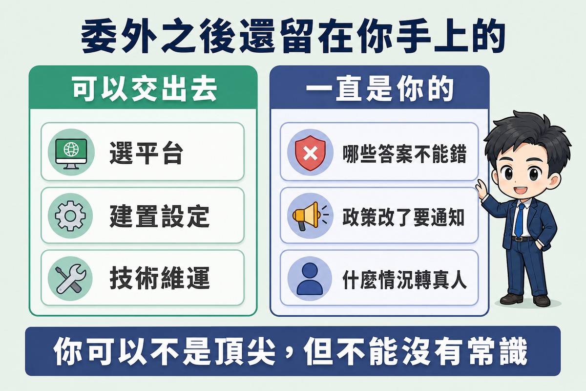 左右兩欄,左欄綠色標可以交出去,列出選平台、建置設定、技術維運;右欄深藍標一直是你的,列出哪些答案不能錯、政策改了要通知、什麼情況轉真人;右欄旁邊站著一位企業主角色,手扶著那一欄。