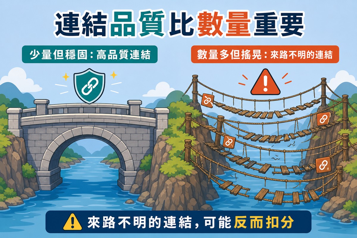 左邊是一座堅固的石橋代表少量高品質連結，右邊是好幾座搖搖欲墜、部分木板缺損的繩索橋擠在一起代表大量來路不明的連結，上方有警示三角形圖示。