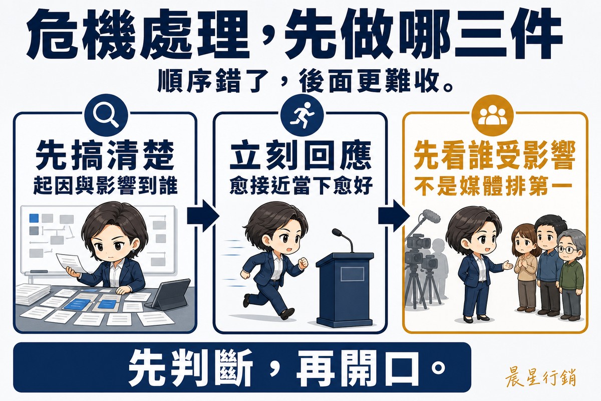 由左至右三格流程圖,格與格之間有粗箭頭,同一位女性危機處理主管出現在三格中。第一格深藍「先搞清楚」,說明「起因與影響到誰」,插圖是她攤開卡片整理線索。第二格深藍「立刻回應」,說明「愈接近當下愈好」,插圖是她快步走向發言台麥克風。第三格金色「先看誰受影響」,說明「不是媒體排第一」,插圖是她轉身背向攝影機、面向一群受影響的一般民眾。底部深藍長條寫「先判斷,再開口」。