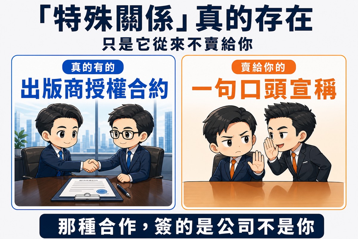 左側兩位主管在會議桌上就正式合約握手,右側業務掩著嘴附耳低語,桌上完全沒有文件