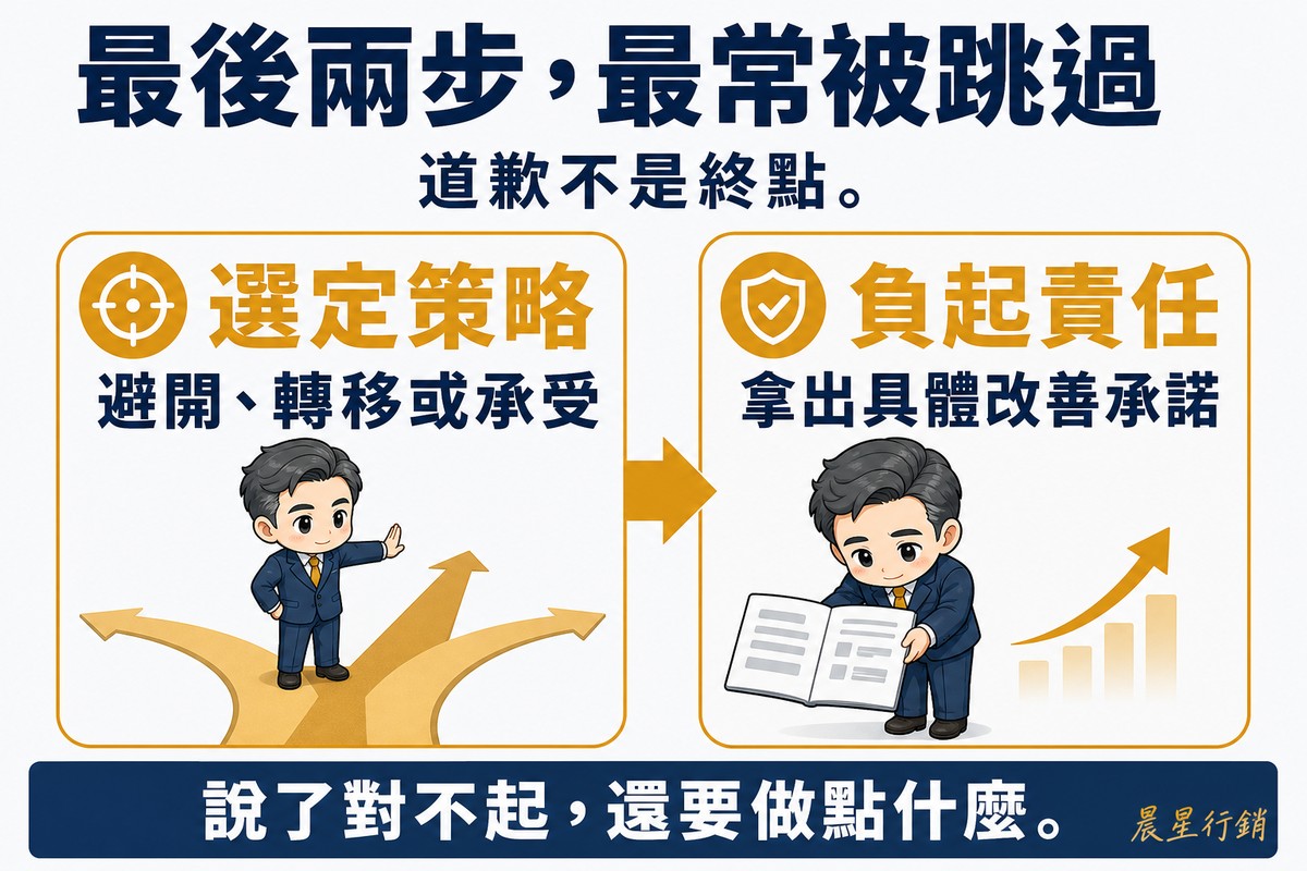 由左至右兩格流程圖,中間一支金色粗箭頭,留白較多。第一格「選定策略」,說明「避開、轉移或承受」,插圖是一位西裝男性站在三條分岔路口伸手選定其中一條。第二格「負起責任」,說明「拿出具體改善承諾」,插圖是同一人微微躬身、攤開一份改善計畫,旁邊有一支往上的進度箭頭。底部深藍長條寫「說了對不起,還要做點什麼」。