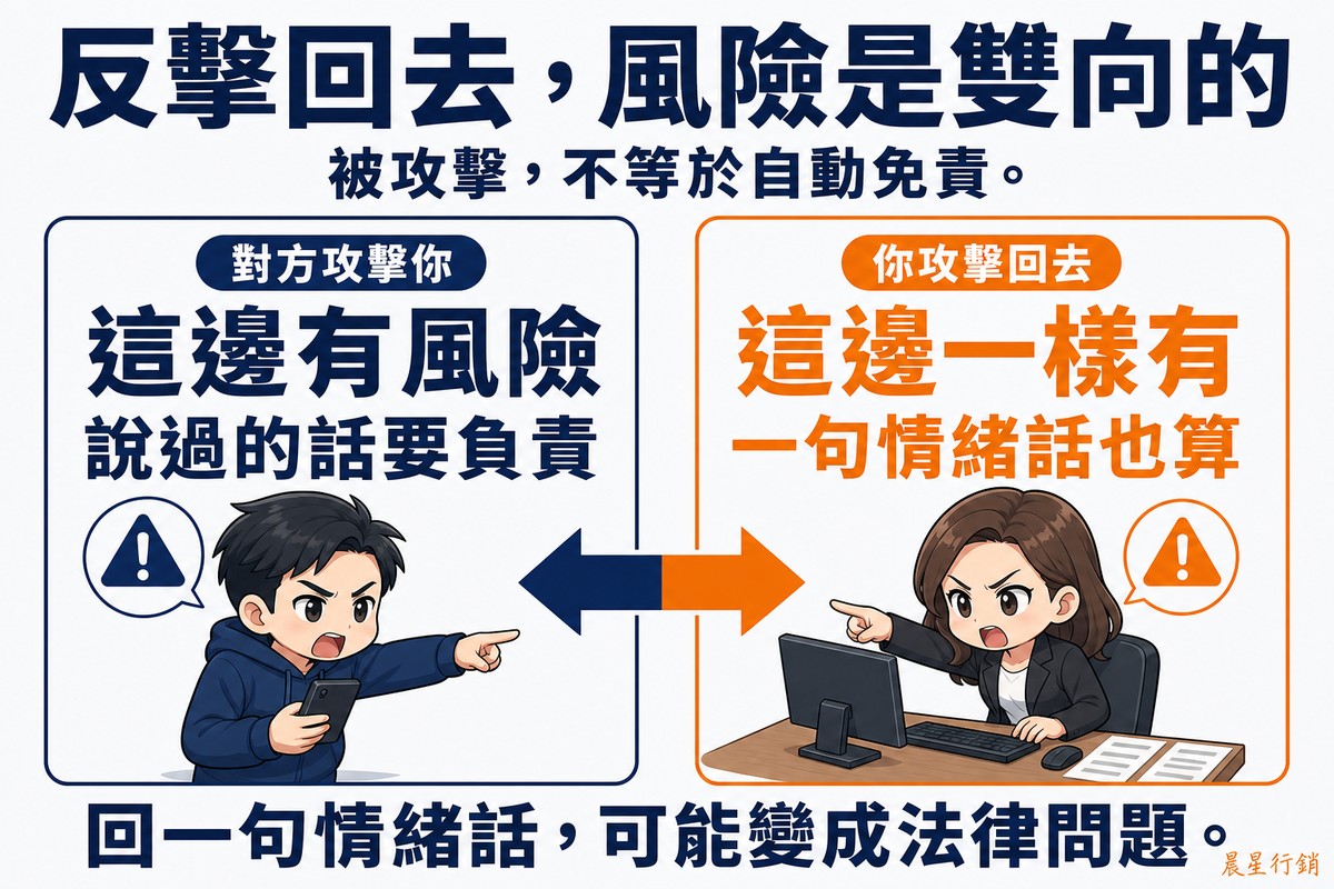 左右對稱的對照圖,中間一支雙箭頭一半深藍一半橘色。左欄深藍「對方攻擊你」,大字「這邊有風險」,說明「說過的話要負責」,插圖是一位穿連帽外套的年輕男性拿著手機、生氣地指向右邊,頭上有警告三角形。右欄橘色「你攻擊回去」,大字「這邊一樣有」,說明「一句情緒話也算」,插圖是一位坐在電腦前的女性品牌小編同樣生氣地指回左邊,頭上有相同的警告三角形。底部寫「回一句情緒話,可能變成法律問題」。