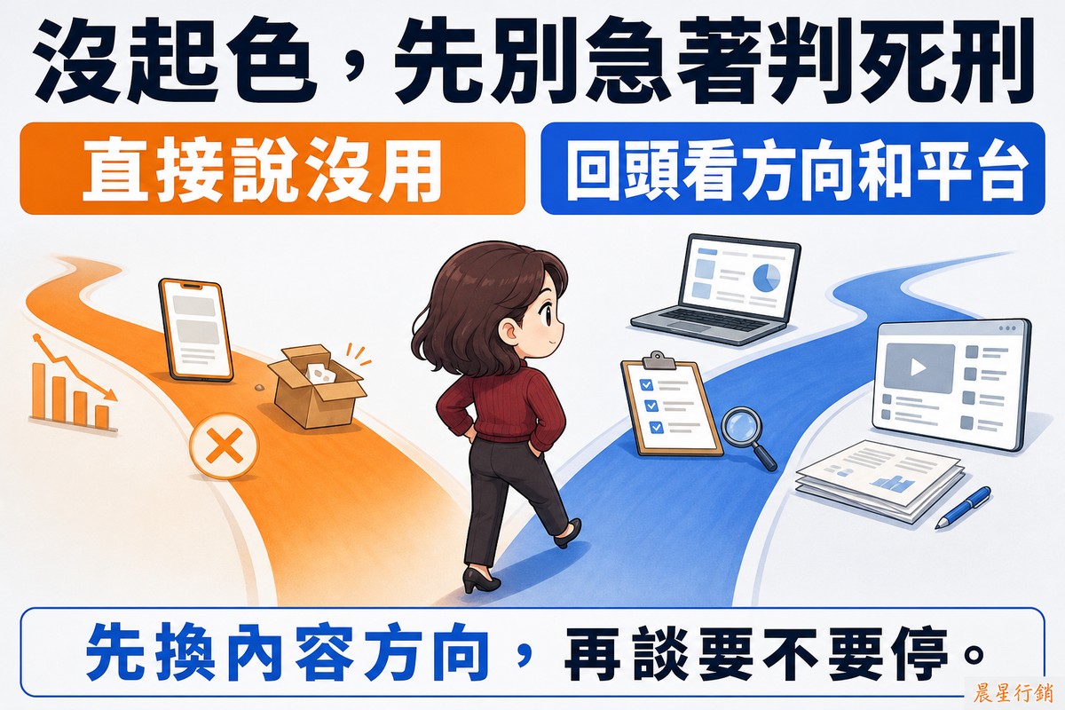 解說圖:標題下方兩條寬色帶,左邊橘色寫「直接說沒用」,右邊藍色寫「回頭看方向和平台」。下方是一個岔路場景,左邊橘色的路上有下滑的長條圖、打叉記號與裝箱收攤的紙箱,右邊藍色的路上有檢查清單、放大鏡與數據畫面;穿酒紅色上衣的女性背對鏡頭,已經踏上右邊那條路。底部寫「先換內容方向,再談要不要停。」