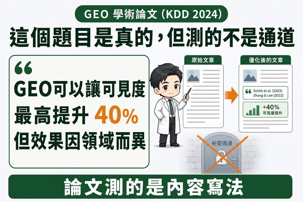 研究人員身旁是同一篇文章改寫前後的對照,箭頭指向補上引用與統計的版本,背後上鎖的秘密通道門被劃掉並畫得很淡
