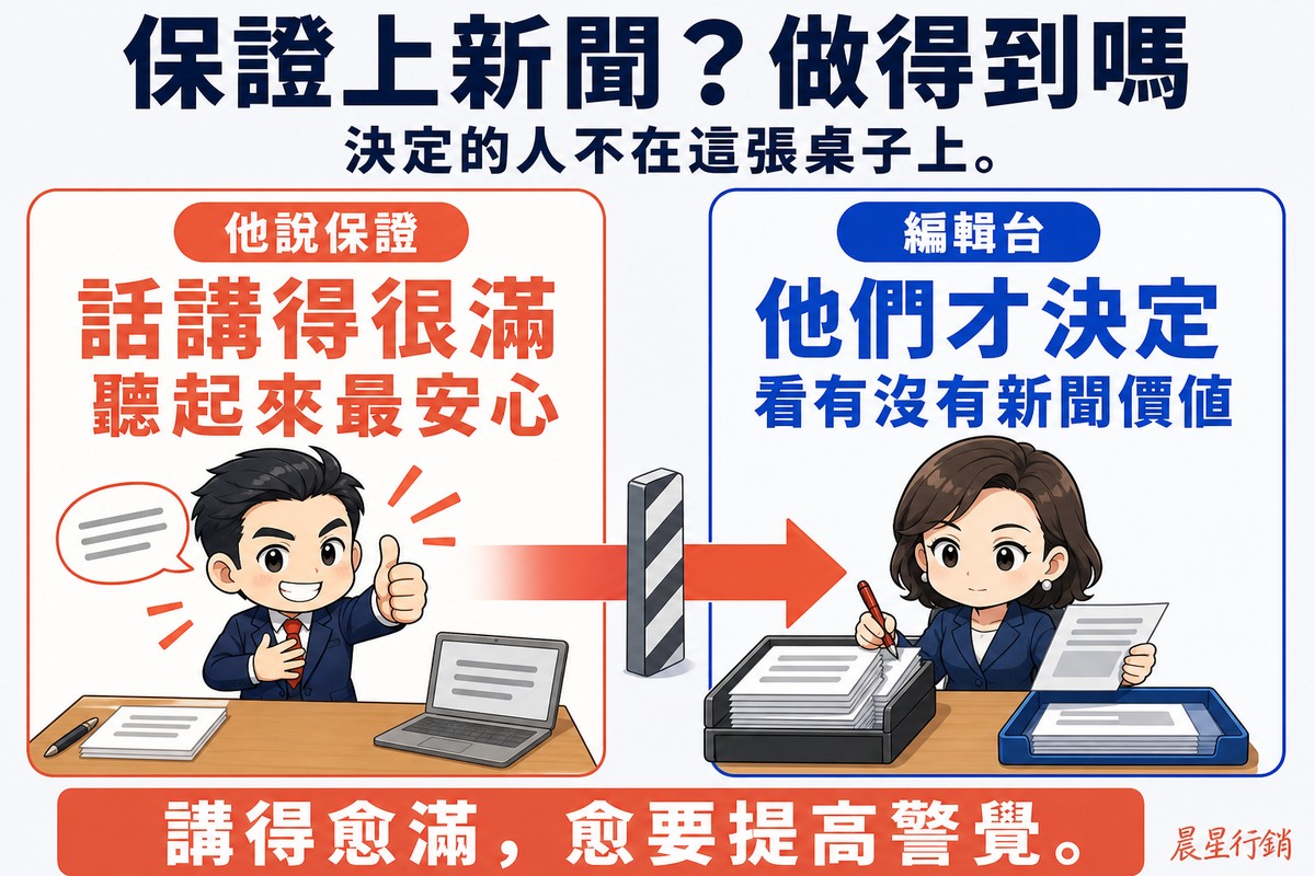 左右因果圖,中間一支紅色粗箭頭由左指向右,但箭頭中途被一道黑白斜紋路障擋住。左欄紅色「他說保證」,大字「話講得很滿」,說明「聽起來最安心」,插圖是一位西裝男性業務拍胸脯並比大拇指、露出誇張笑容。右欄藍色「編輯台」,大字「他們才決定」,說明「看有沒有新聞價值」,插圖是一位女性編輯拿紅筆,一手拿稿件、面前放著待審與待刊兩個文件匣。底部紅色長條寫「講得愈滿,愈要提高警覺」。