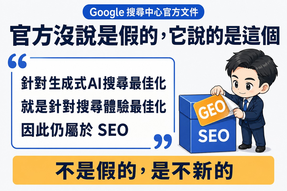 顧問正把寫著GEO的貼紙從箱子上撕下來,底下露出原本印著SEO的標籤,箱子本身沒有改變