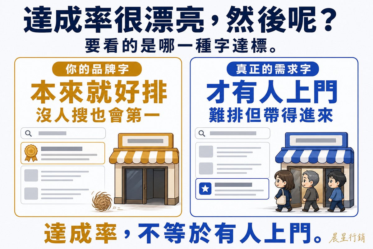 左右兩欄對照圖。左欄金色標示「你的品牌字」,大字「本來就好排」,說明「沒人搜也會第一」,插圖是搜尋結果第一筆掛著金色獎章,但下方店面門口空無一人,只有一叢風滾草。右欄藍色標示「真正的需求字」,大字「才有人上門」,說明「難排但帶得進來」,插圖是搜尋結果排在後面,但下方店面門口有三位客人正走進去。底部寫「達成率,不等於有人上門」。