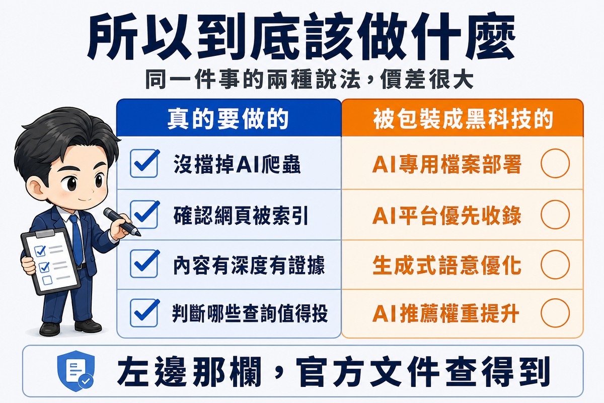 四列兩欄對照表,左欄藍色是真的要做的事、業主正逐項打勾,右欄橘色是被包裝成黑科技的名稱、正化成空泡泡飄走