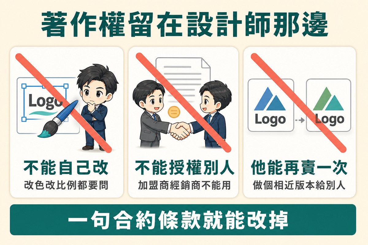 三張並排卡片,每張的圖示都被一條斜槓劃掉,依序是畫筆在Logo上配不能自己改與改色改比例都要問、握手加文件配不能授權別人與加盟商經銷商不能用、兩個相似Logo並排配他能再賣一次與做個相近版本給別人。
