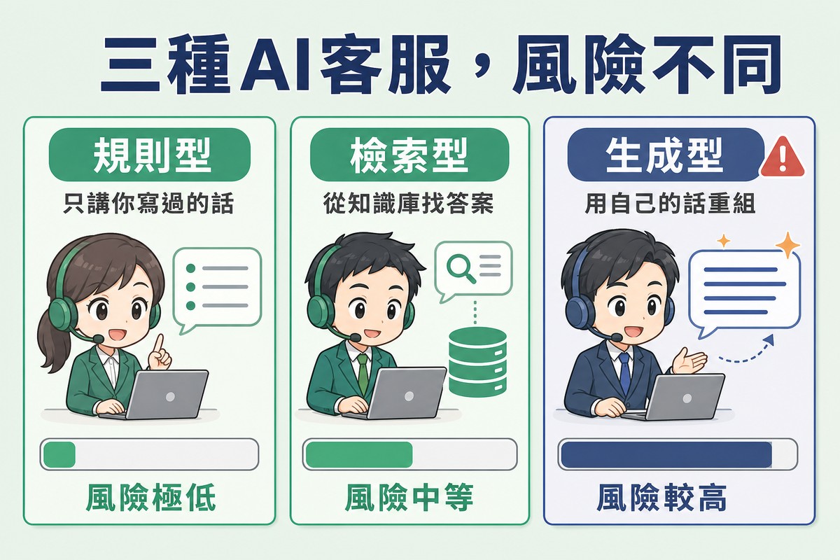 三張並排卡片,各有標題、一行說明與一條風險量表;規則型配只講你寫過的話與量表填約十分之一標風險極低、檢索型配從知識庫找答案與量表填一半標風險中等、生成型配用自己的話重組與量表接近全滿標風險較高並帶警示標記。