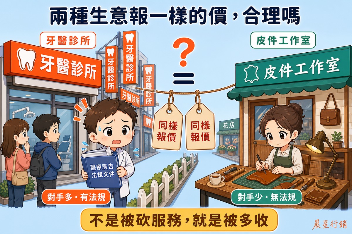 左邊牙醫診所排隊且招牌林立、醫師拿著法規文件緊張，右邊皮件工作室悠閒安靜，中間兩個報價牌用等號連接