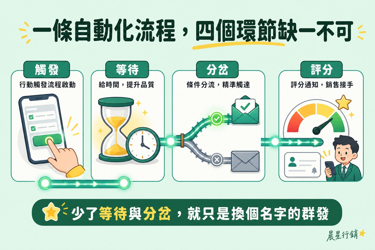 淡薄荷綠背景，四張卡片橫向連成一條發光路徑：觸發（手指按下手機按鈕）、等待（沙漏與時鐘）、分岔（路徑分成已讀與未讀兩條）、評分（儀表刻度與業務被通知），底部寫「少了等待與分岔，就只是換個名字的群發」