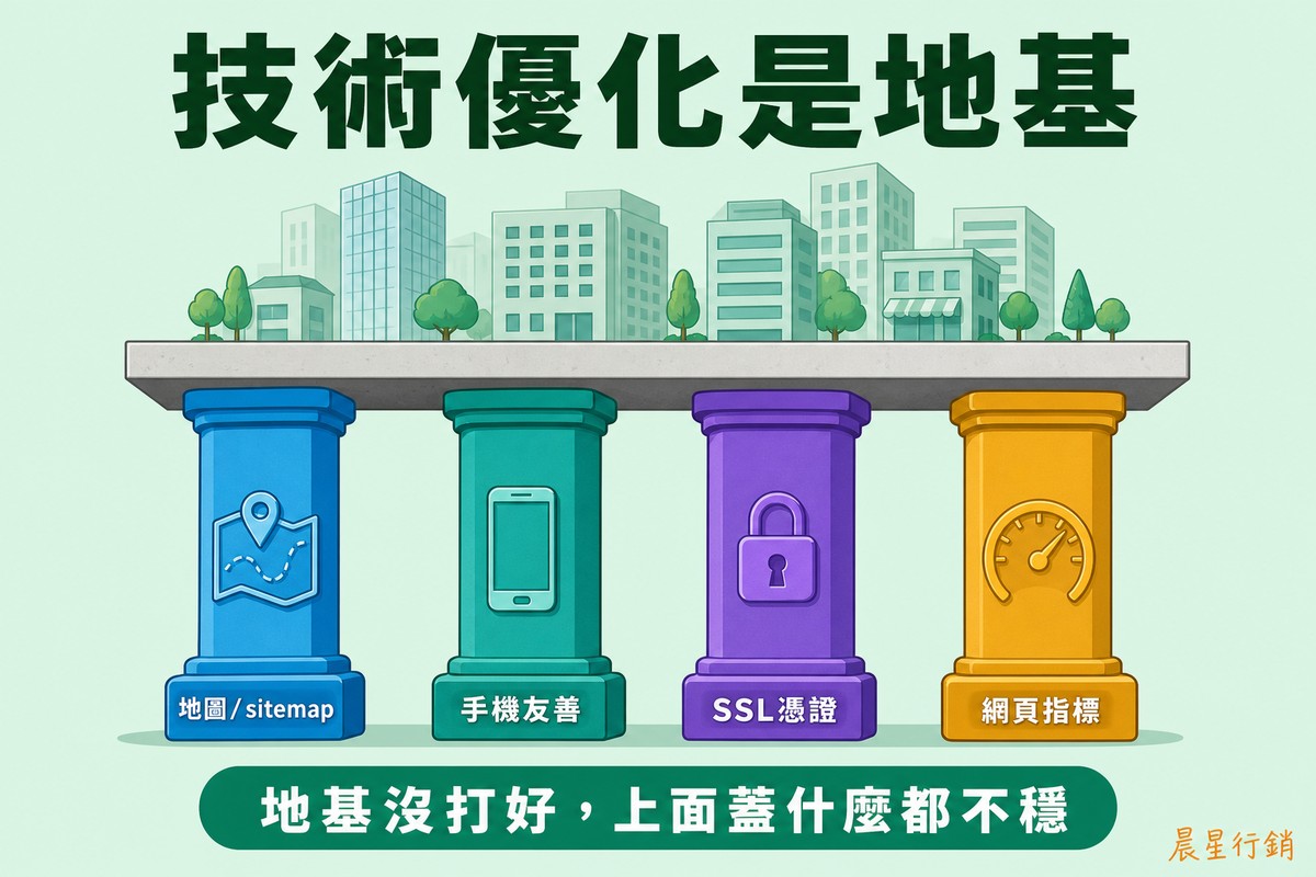 技術優化是地基的示意圖,四根柱子分別標示地圖sitemap、手機友善、SSL憑證、網頁指標,撐起上方的城市建築