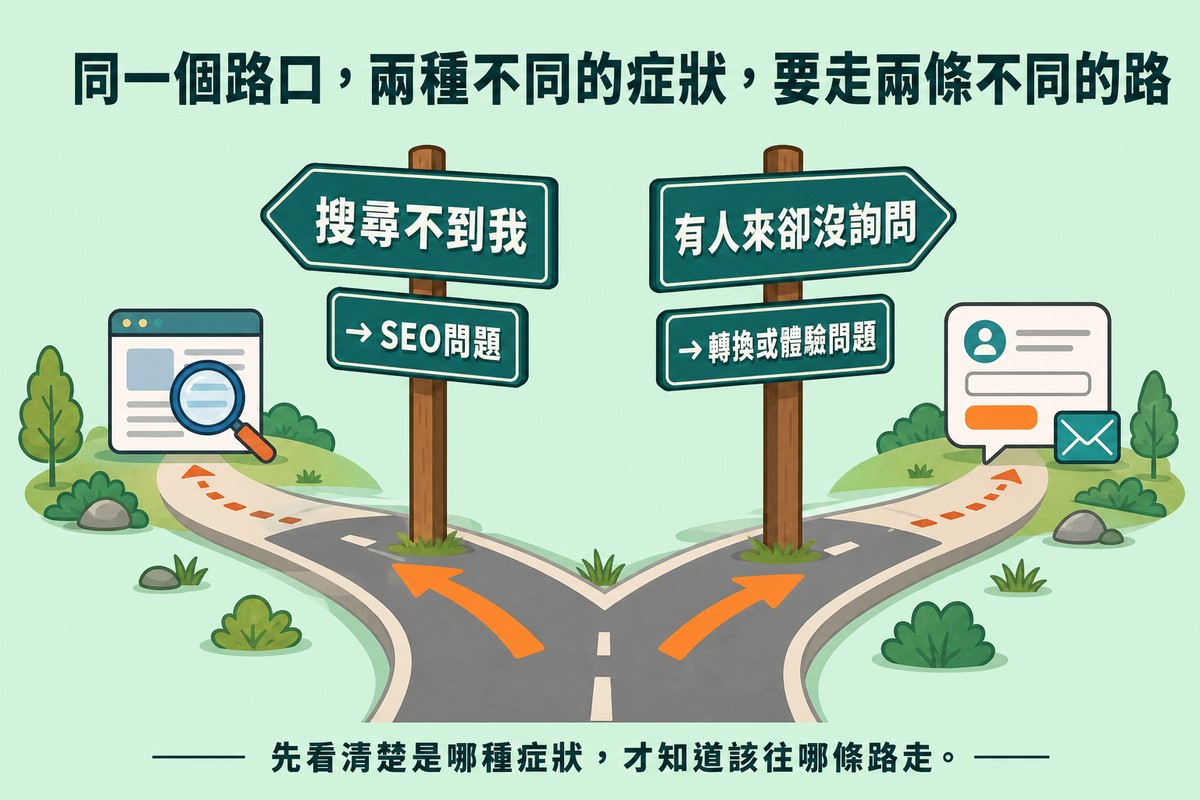 路口立著兩個路標,一個寫著搜尋不到我指向SEO問題,另一個寫著有人來卻沒詢問指向轉換或體驗問題,兩條路分岔而去