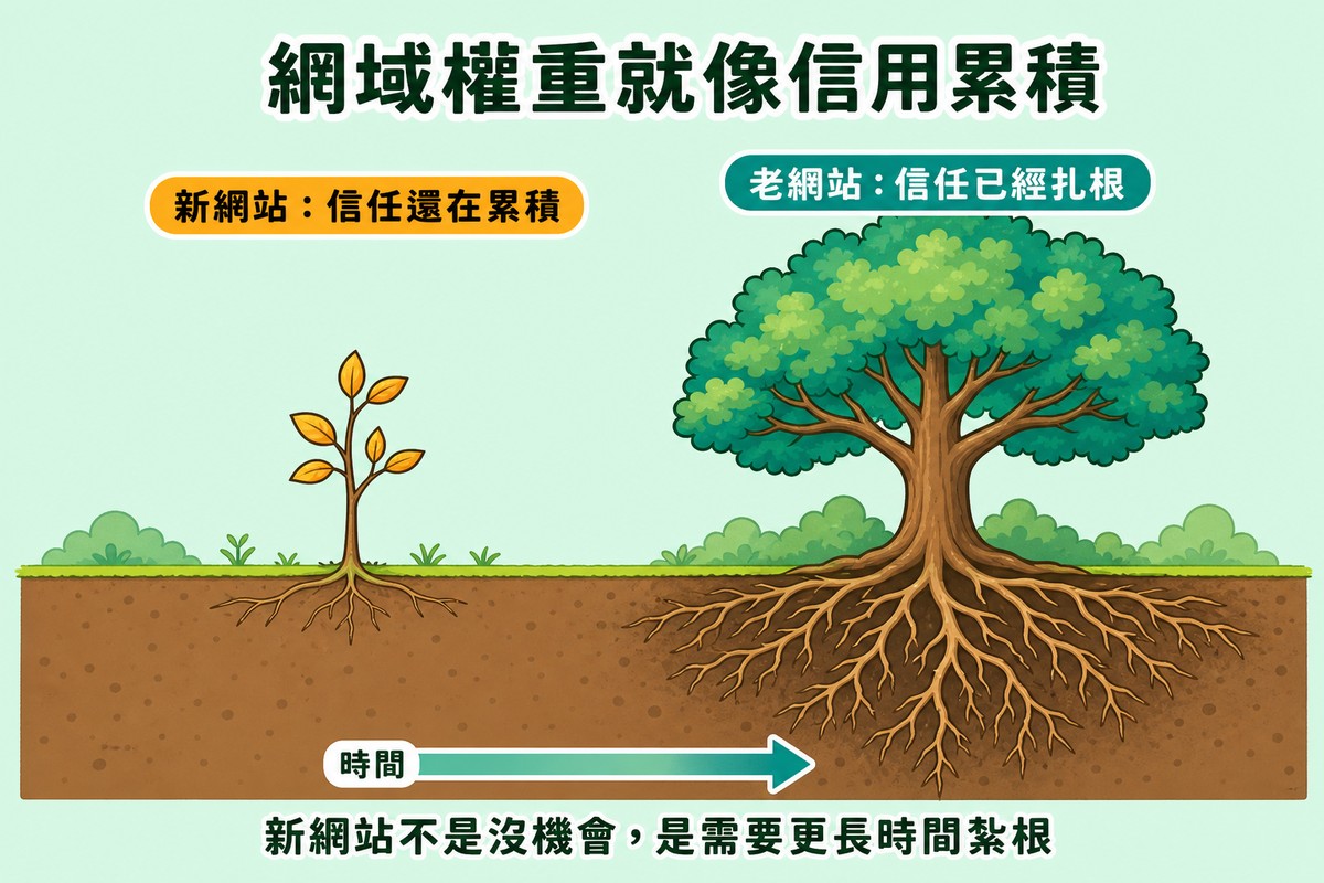 左邊是一株根系稀疏的小樹苗代表新網站，右邊是一棵根系深廣的大樹代表老網站，兩者之間有時間軸箭頭連接。