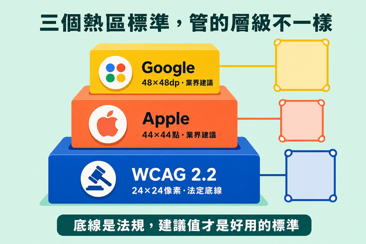 三層堆疊平台由下到上分別標示WCAG 2.2的24乘24像素法定底線、Apple的44乘44點建議、Google的48乘48dp建議
