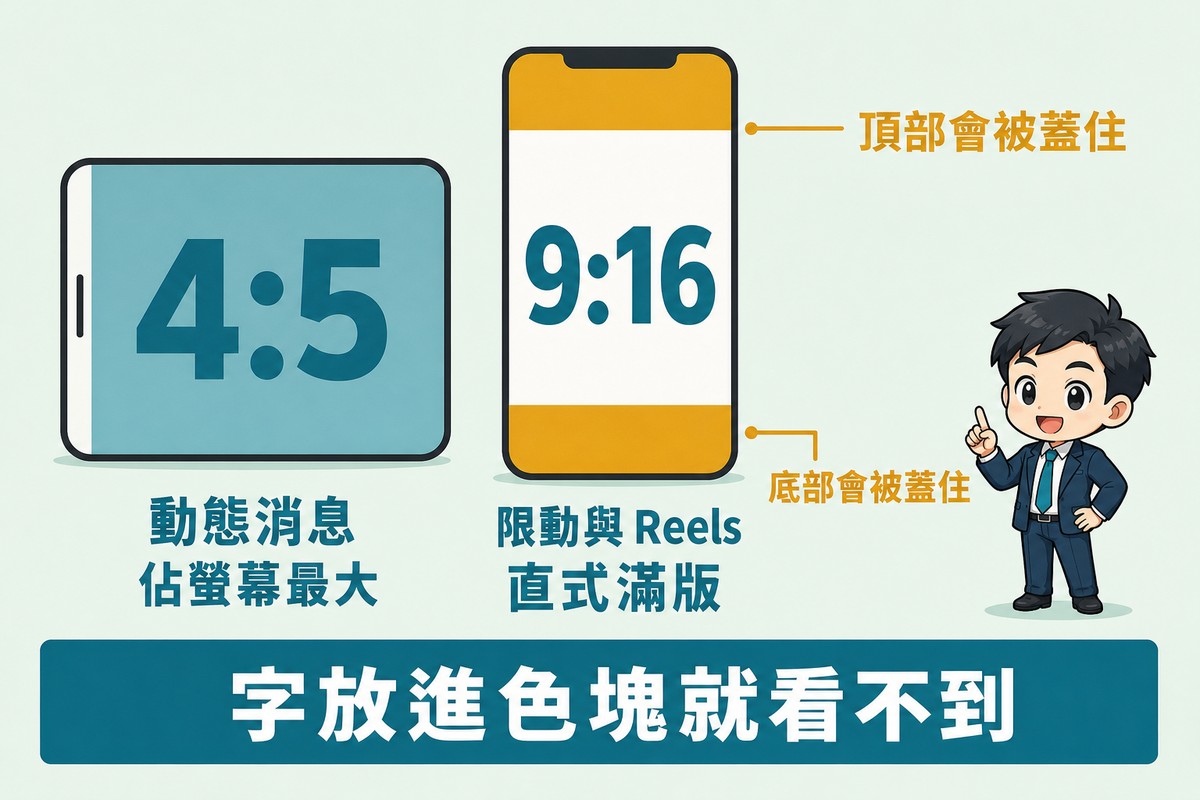 解說圖:左邊較寬方框標 4:5 動態消息、佔螢幕最大;右邊窄高方框標 9:16 限動與 Reels,上下各一條對比色色塊代表被介面遮住的區域,兩條引線分別標頂部會被蓋住、底部會被蓋住。