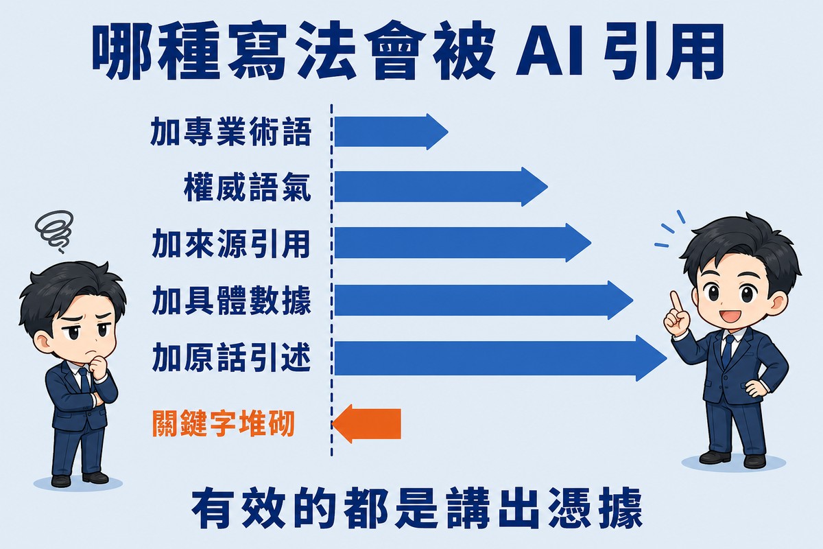 解說圖:以虛線為基準的橫向長條圖,五根藍色長條向右由短到長,依序是加專業術語、權威語氣、加來源引用、加具體數據、加原話引述;一根橘色長條向左標示關鍵字堆砌。