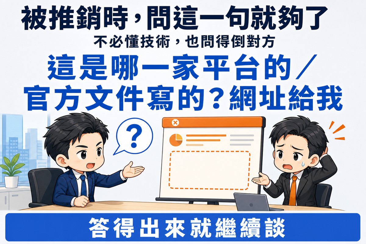 業主平靜坐著攤開手提出一個問題,對面業務的簡報板上出現一個空的虛線引用框,業務姿態明顯洩氣