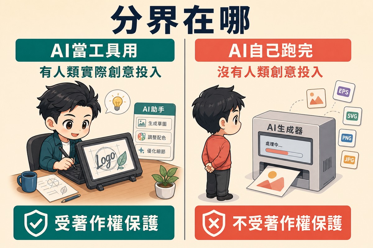 畫面被一條垂直線分成左右兩半,左半標AI當工具用,一位設計師角色在繪圖板上實際作畫,說明有人類實際創意投入,下方方框寫受著作權保護並打勾;右半標AI自己跑完,一位角色背著手站著看機器輸出圖形,說明沒有人類創意投入,下方方框寫不受著作權保護並打叉。