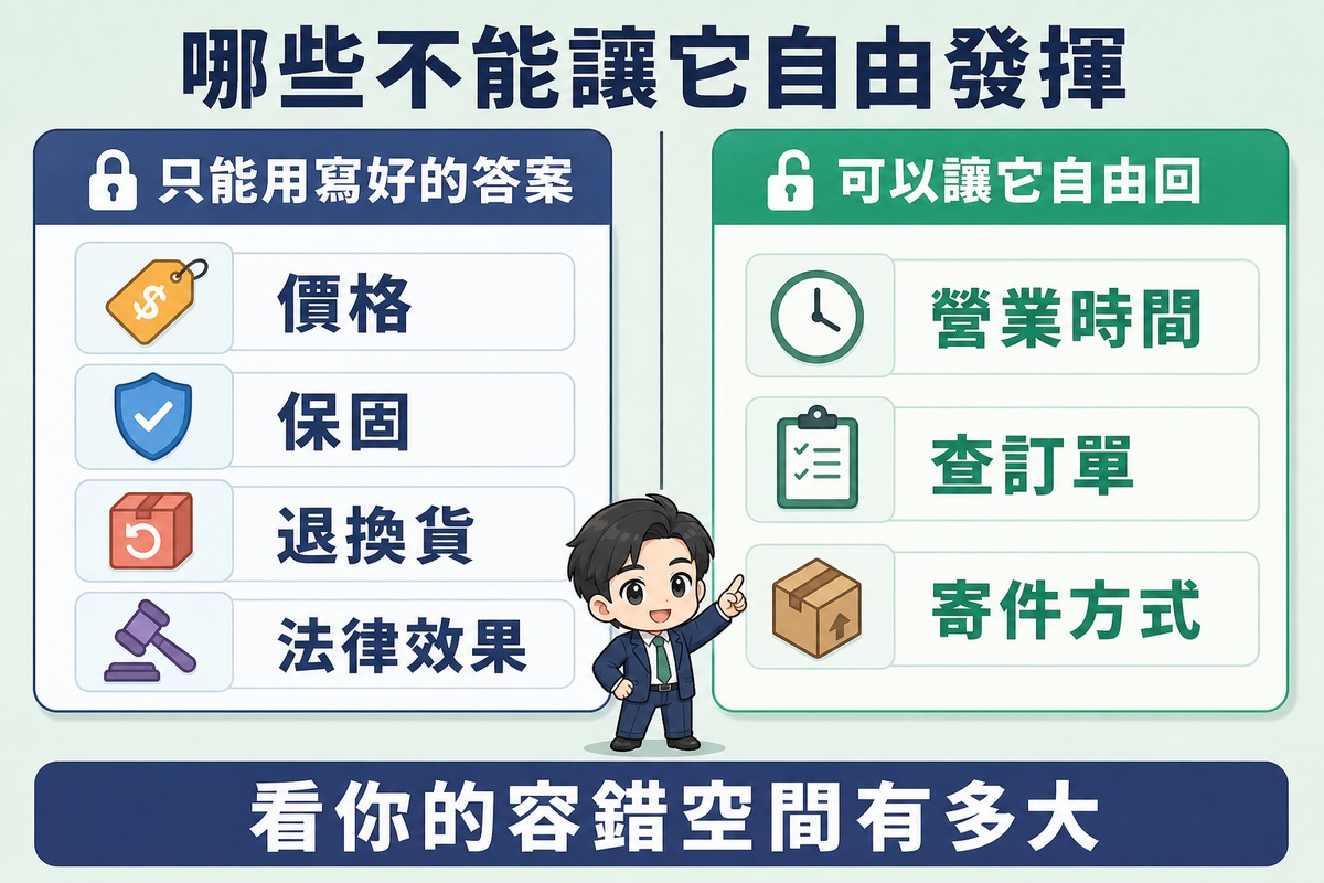 畫面被一條垂直線分成兩欄,左欄配鎖頭圖示標只能用寫好的答案,列出價格、保固、退換貨、法律效果四項;右欄配開鎖圖示標可以讓它自由回,列出營業時間、查訂單、寄件方式三項;下方中央一位企業主角色指著中線。