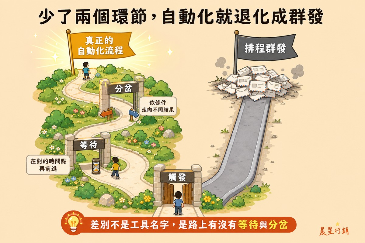 淡杏色背景，左側蜿蜒小徑穿過等待門與分岔門後通往發光旗幟「真正的自動化流程」，右側是一段筆直光禿的滑坡，從觸發大門直接滑向一堆雜亂信件的「排程群發」旗幟
