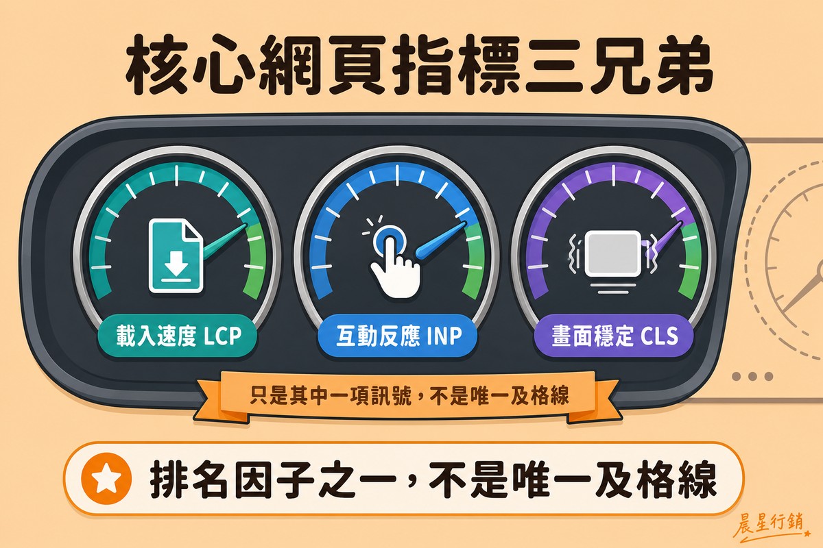 核心網頁指標三兄弟儀表板,三個指針儀表分別顯示載入速度LCP、互動反應INP、畫面穩定CLS