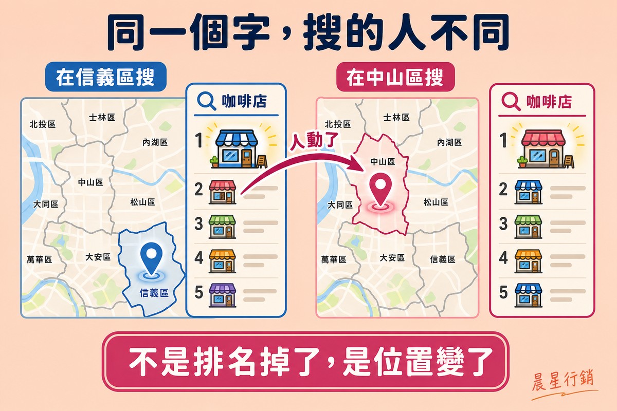 左右兩張台北地圖對照,左邊定位在信義區時搜尋結果第一名是某商家,右邊定位在中山區時同樣搜尋卻換成另一家商家排第一,兩個定位點之間有箭頭連接。
