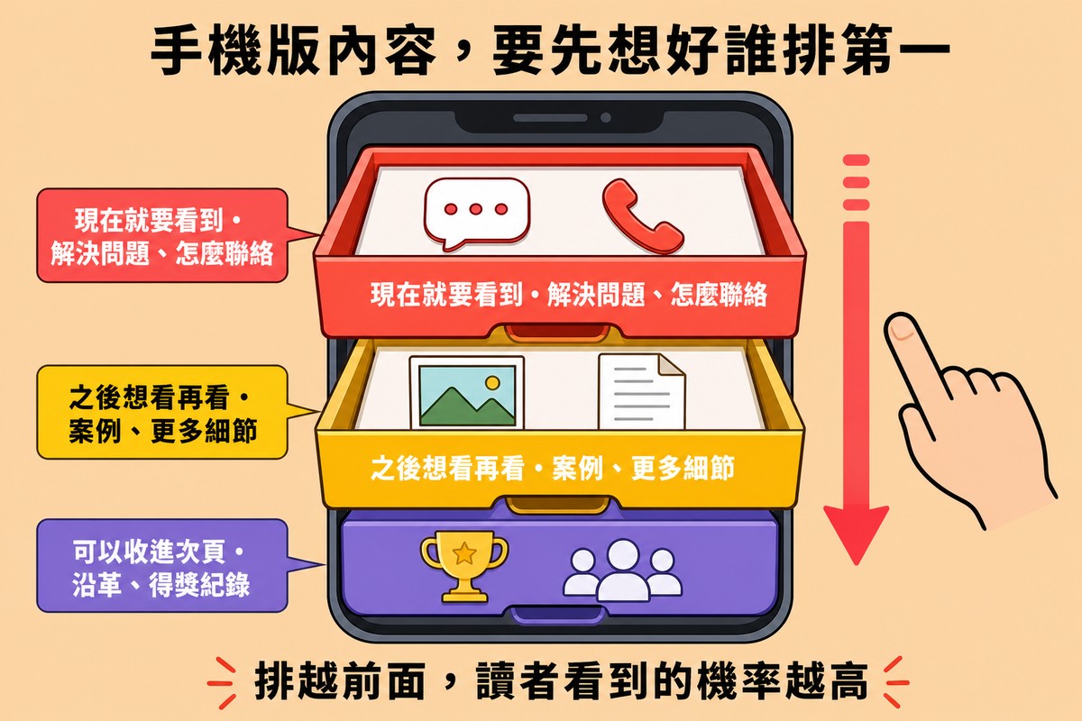 一支手機螢幕內畫成三層抽屜,最上層標示現在就要看到的內容,中層標示之後想看的內容,下層標示可以收進次頁的內容