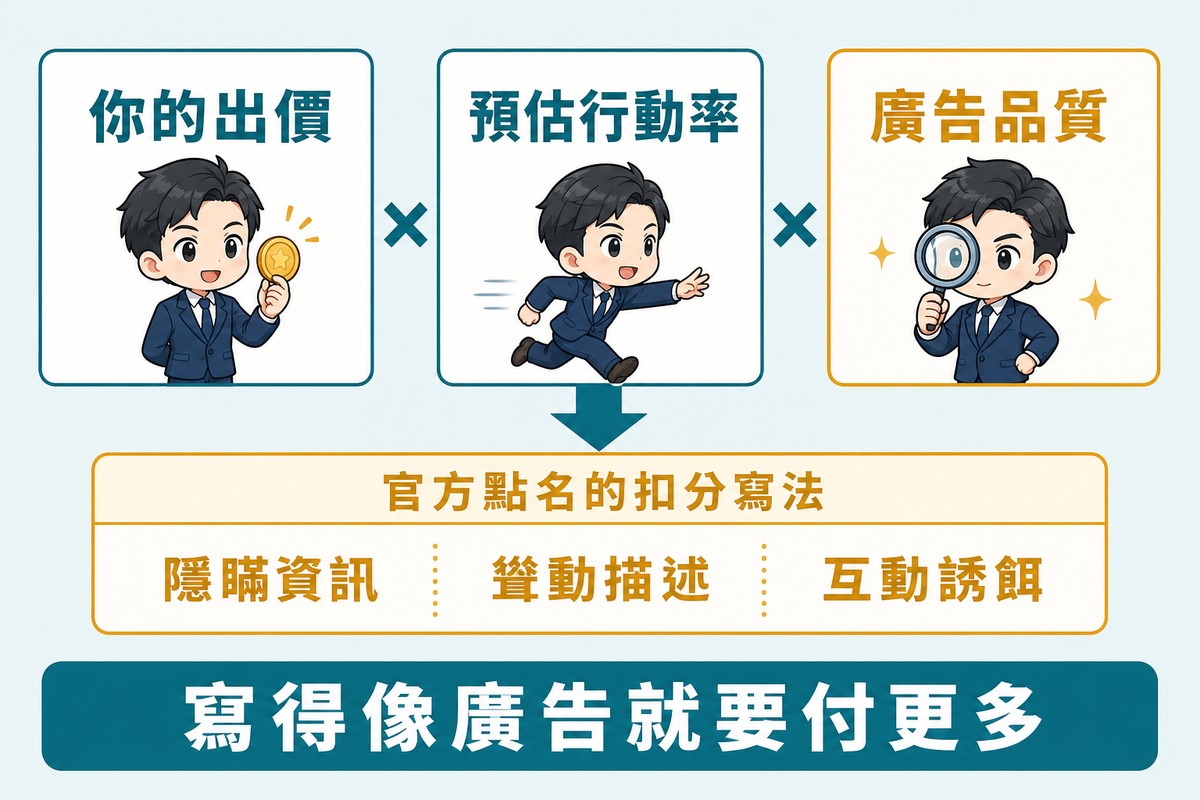 解說圖:上排三個方框以乘號相連,依序是你的出價、預估行動率、廣告品質,第三格以對比色強調;下方橫帶列出官方點名的扣分寫法:隱瞞資訊、聳動描述、互動誘餌。