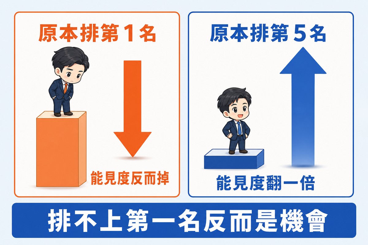 解說圖:左框橘色,角色站在高台上、旁邊向下箭頭,標「原本排第 1 名」「能見度反而掉」;右框藍色,角色站在低階梯上、旁邊向上長箭頭,標「原本排第 5 名」「能見度翻一倍」。