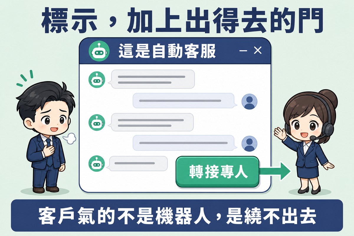 中央一個對話視窗,上方橫幅寫著這是自動客服,右下角一個明顯按鈕寫轉接專人,箭頭從按鈕指向視窗外一位真人客服角色揮手;左邊一位顧客角色表情放鬆。