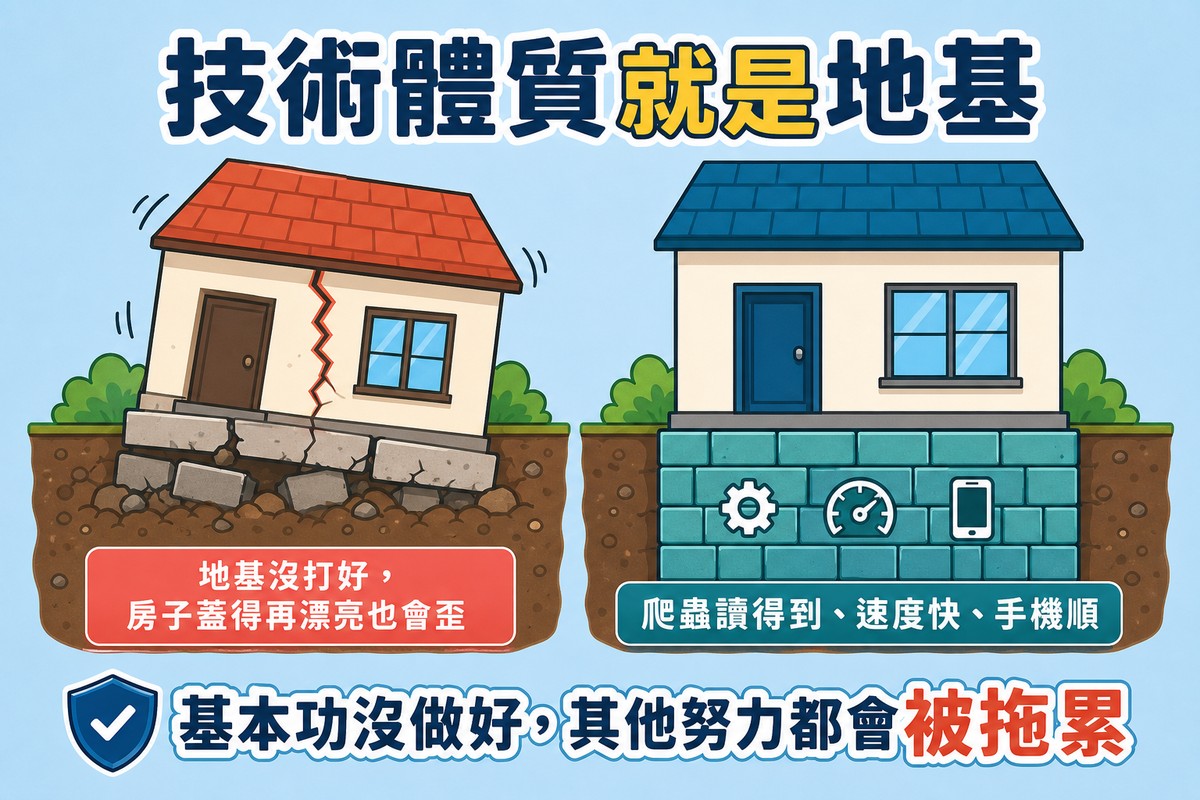 左邊房子蓋在裂開歪斜的地基上導致牆面出現裂痕，右邊房子蓋在紮實平整的地基上穩固挺立，地基磚塊上有齒輪、速度與手機圖示。