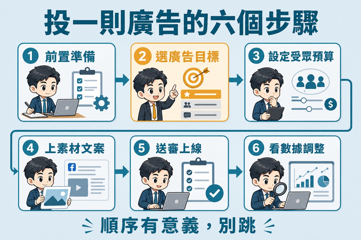 解說圖:六個編號方框由左至右以箭頭相連,依序為前置準備、選廣告目標、設定受眾預算、上素材文案、送審上線、看數據調整,第二格以對比色強調。