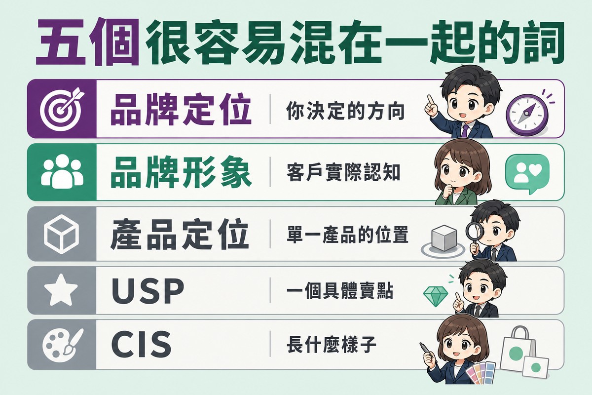 解說圖:五列對照,依序為品牌定位對應你決定的方向、品牌形象對應客戶實際認知、產品定位對應單一產品的位置、USP 對應一個具體賣點、CIS 對應長什麼樣子;前兩列以主色與對比色強調。