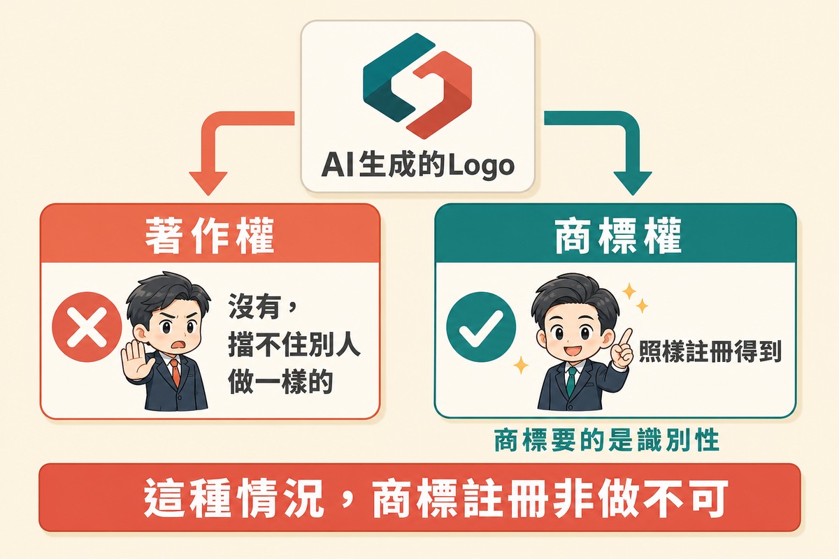 上方一個Logo標AI生成的Logo,兩支粗箭頭分別往左下與右下,左下方框打叉標著作權與沒有擋不住別人做一樣的,右下方框打勾標商標權與照樣註冊得到,右下方另有一行小字寫商標要的是識別性。