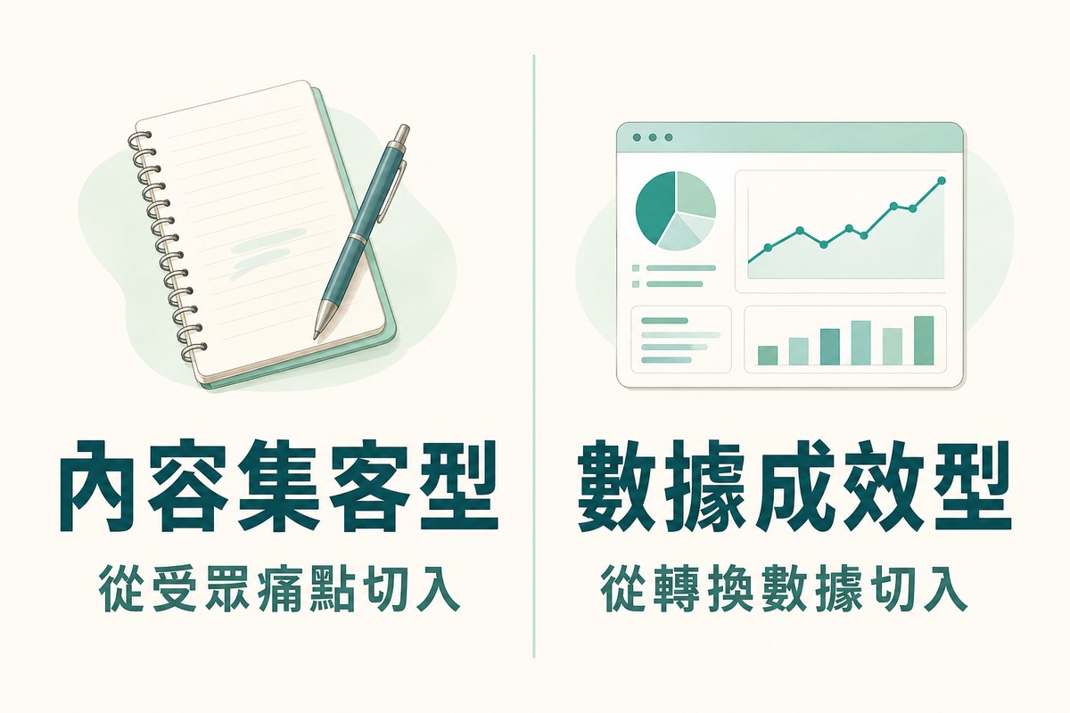 左右對照圖:左邊筆記本與筆插畫,標示內容集客型與從受眾痛點切入;右邊儀表板圖表插畫,標示數據成效型與從轉換數據切入