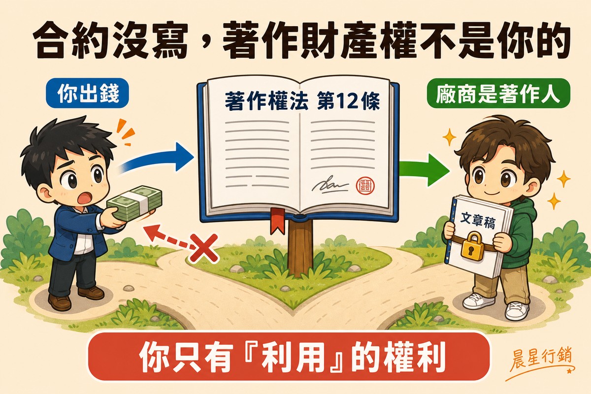 業主遞出鈔票被紅色叉阻擋無法拿回權利，廠商抱著上鎖的文章稿站在合約旁